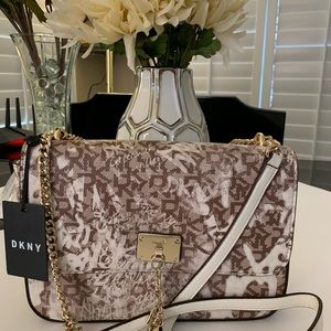 DKNY Cleo Medium Shoulder Flap Bag Crossbody Purse Brown White